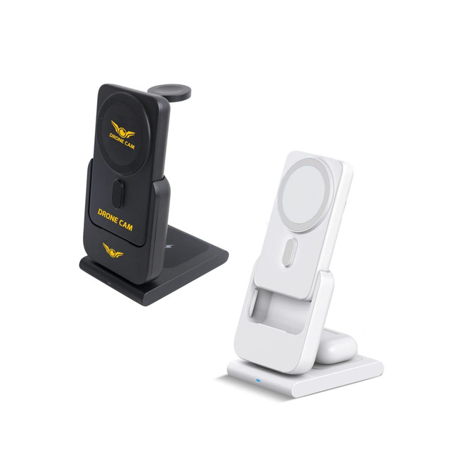 A black and a white charging station, featuring wireless charging pads and a logo, in a sleek design.