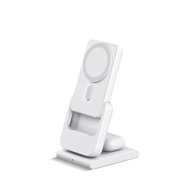 A white 3-in-1 power bank charging station with a stand, featuring a circular charging area and a logo.