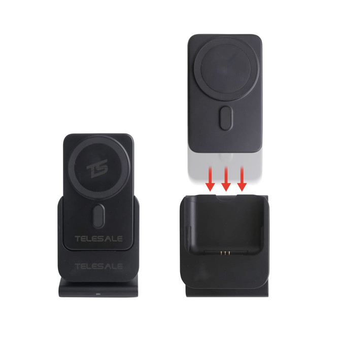 A black 3-in-1 power bank charging station with a circular wireless charging pad and a docking area for devices.