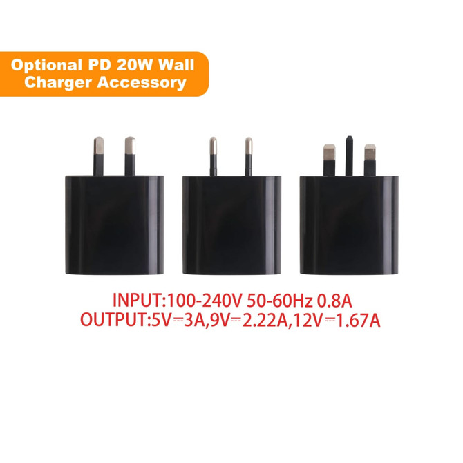 A black wall charger accessory with three different plug types and input/output specifications listed.