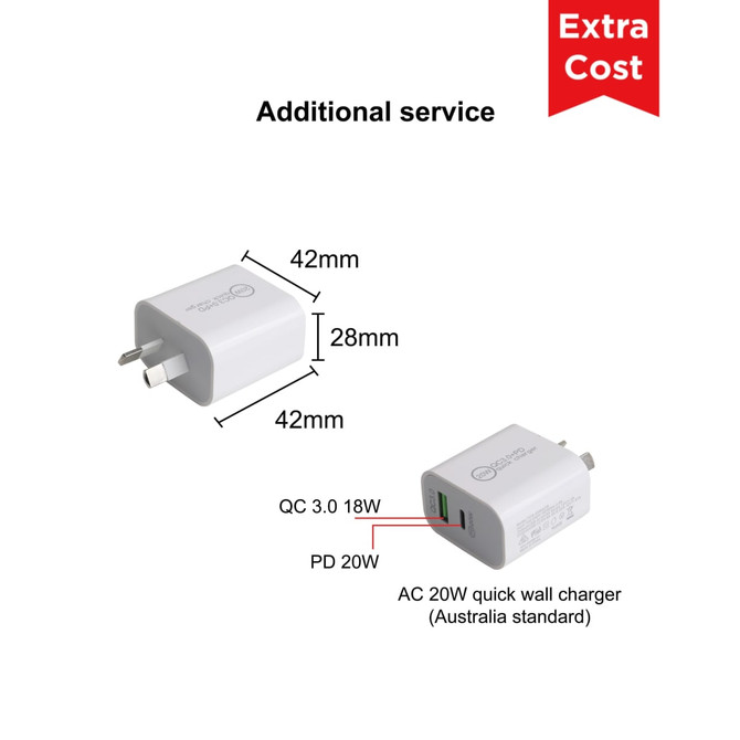 A white AC wall charger with two output ports, featuring a logo and dimensions of 42mm x 28mm x 42mm.