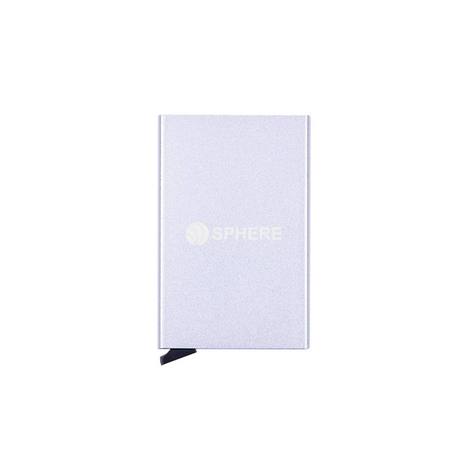 A silver metal RFID card holder with a logo, featuring a sleek, minimalist design and a black accent.