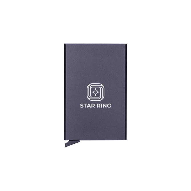 A sleek metallic RFID card holder in dark grey, featuring a simple logo on the front.