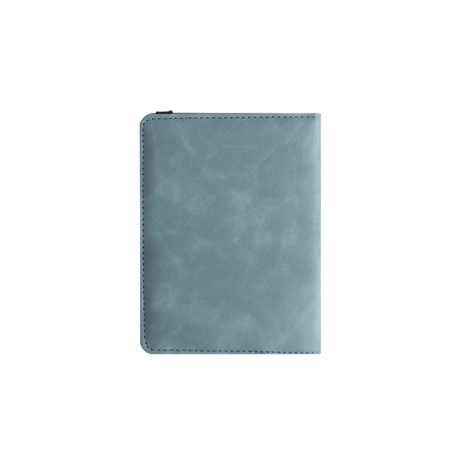 A blue multifunctional PU leather passport holder featuring a logo, with a sleek and minimalist design.