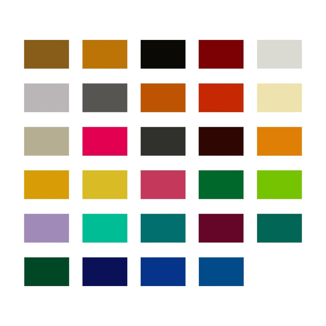 A grid of colour swatches featuring various shades, including brown, red, pink, green, and blue, along with a logo.