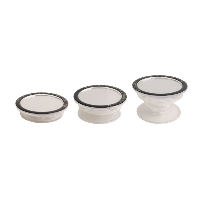 Three custom-shaped mirror phone pop holders in clear plastic with black trim. Each holder varies in size.