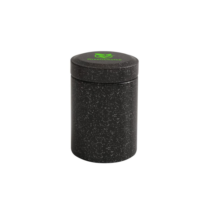A small black metal cylinder tin canister with a green logo on the lid, measuring 45 x 65mm.