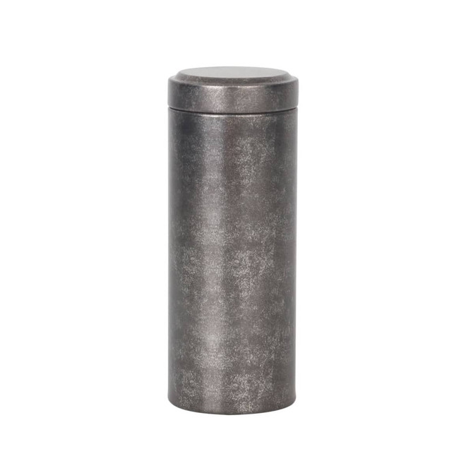A large metallic cylinder tin canister in a brushed silver finish, featuring a secure lid and a minimalist design.