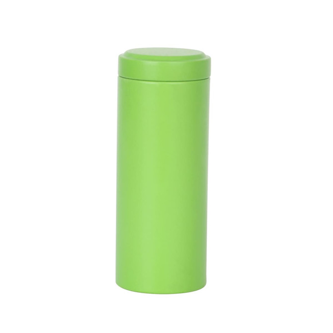 A green metal cylinder tin canister with a removable lid, suitable for storage. Features a logo on the side.