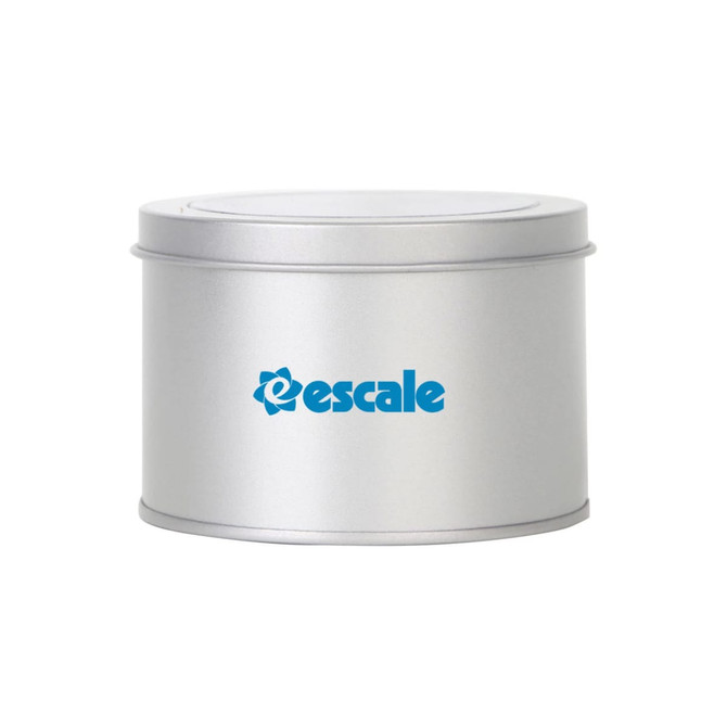 A silver medium tin can with a transparent window and a logo on the front. It has a simple, cylindrical design.
