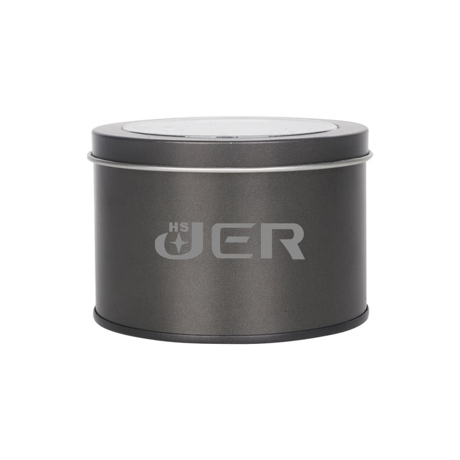 A medium silver tin can with a transparent window, featuring a logo on the surface.