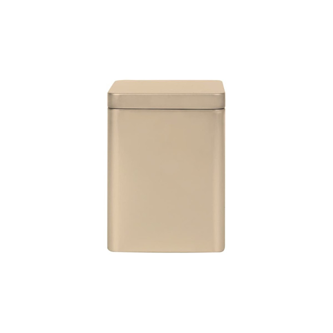 A square tin box in a metallic gold finish, featuring a lid and no visible branding.