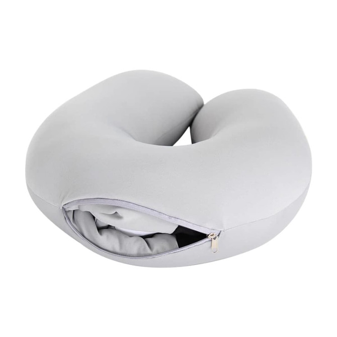 A grey, U-shaped travel pillow featuring a zippered compartment for easy storage and portability.