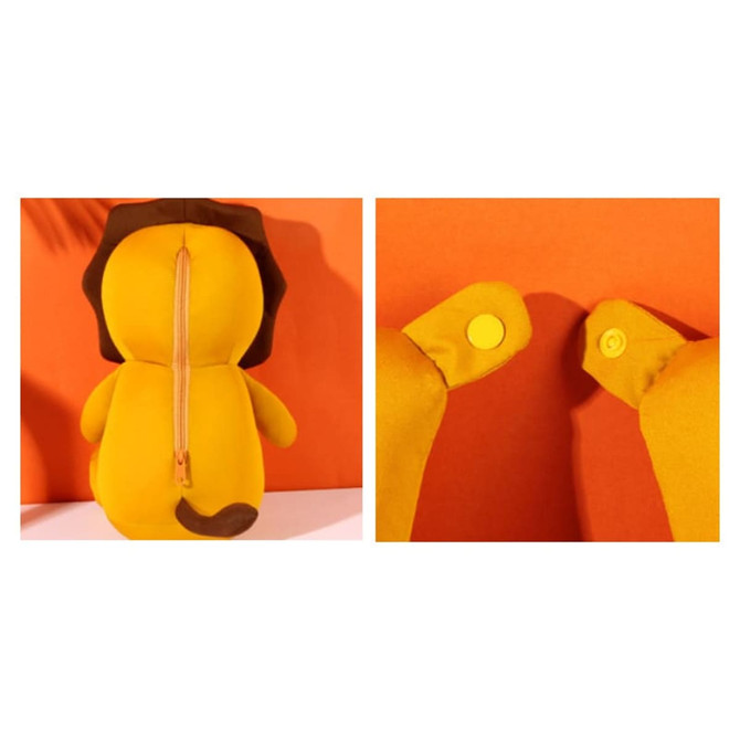 A lion-shaped plush travel pillow in yellow, featuring a zip closure and two button attachments on the sides.
