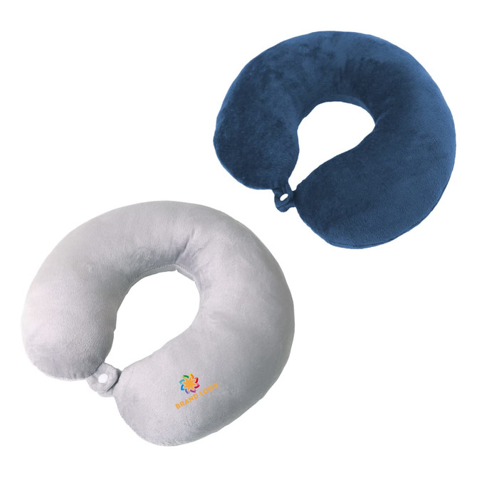 Two U-shaped travel pillows in grey and navy blue, featuring a logo on one of them.