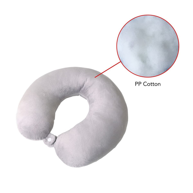 A U-shaped travel pillow in pale grey, made of soft fabric and filled with PP cotton, featuring a small button closure.