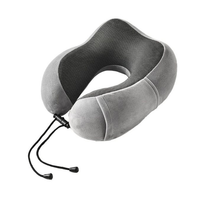A grey memory foam U-shaped travel pillow with a textured inner lining and a drawstring closure.
