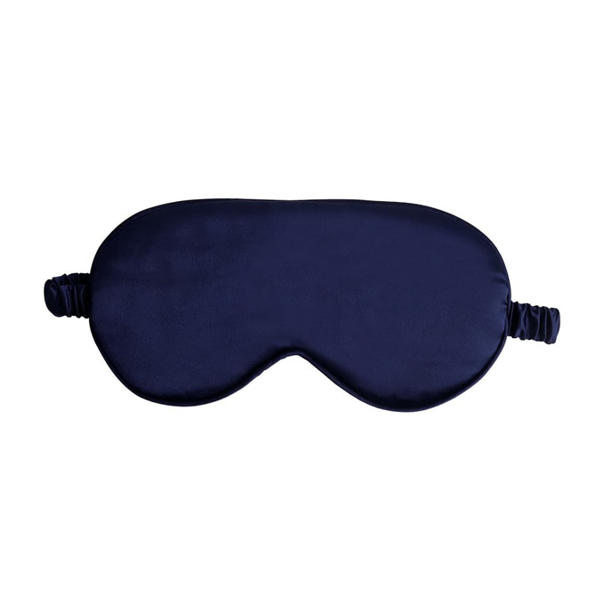 A satin sleep mask in navy blue with an elastic strap and a smooth texture. It features a logo on one side.