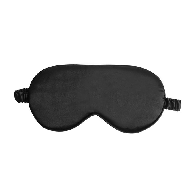 A satin sleep mask in black with an elastic strap for comfort. It features a smooth texture and has a logo.