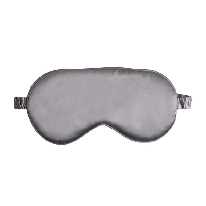 A satin sleep mask in a soft grey colour with an elastic strap for comfort. Features a logo.