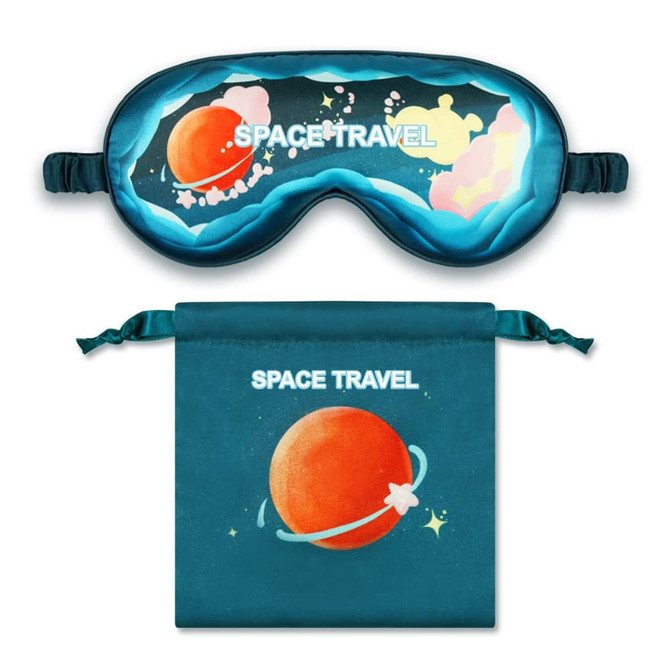 A satin sleep mask featuring a space travel design in shades of blue and orange, accompanied by a matching storage pouch.