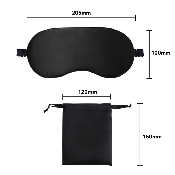A black satin sleep mask with adjustable straps, accompanied by a matching pouch for storage.