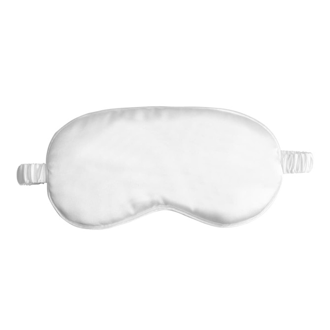 A white satin sleep mask with elastic straps for comfort, featuring a logo on one side.