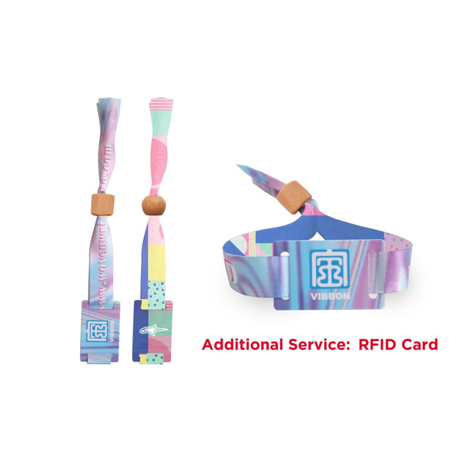 A multi-coloured RPET fabric wristband featuring a bamboo toggle and a logo. Suitable for events and exhibitions.