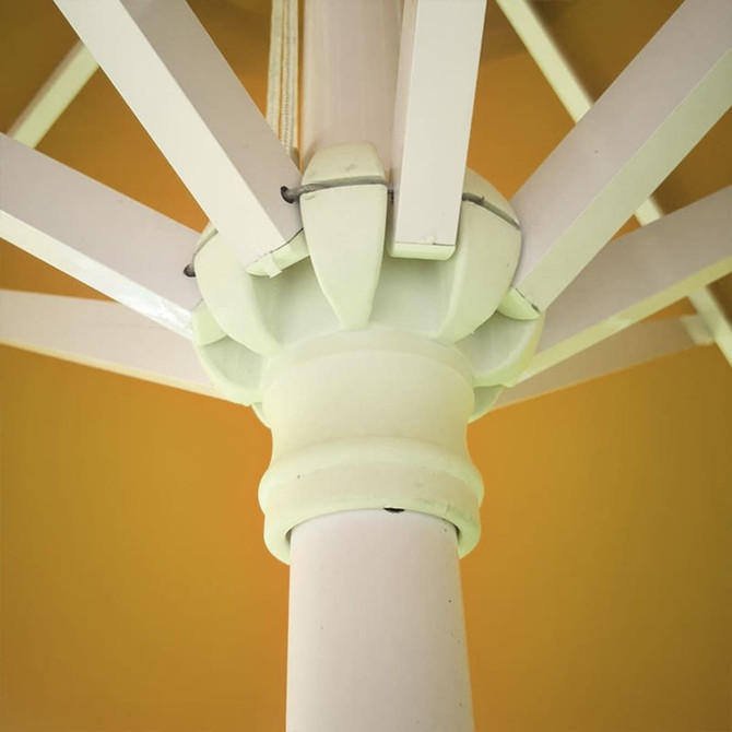 A white market umbrella with a round design, featuring a central pole and bright yellow canopy. Includes a logo.