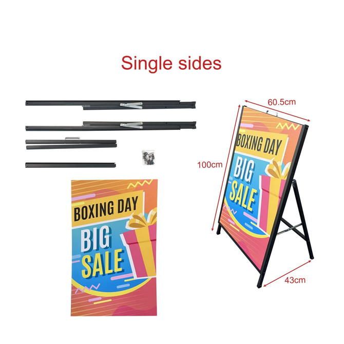 A metal A-frame sign set featuring vibrant colours, with single-sided display components and assembly hardware included.