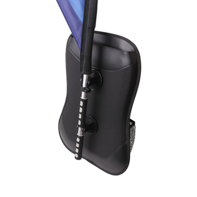 A teardrop backpack flag in blue and black, featuring a streamlined design and sturdy support pole.