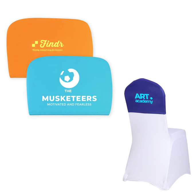 Half chair covers in orange, blue, and purple, featuring various logos, set against a white chair.