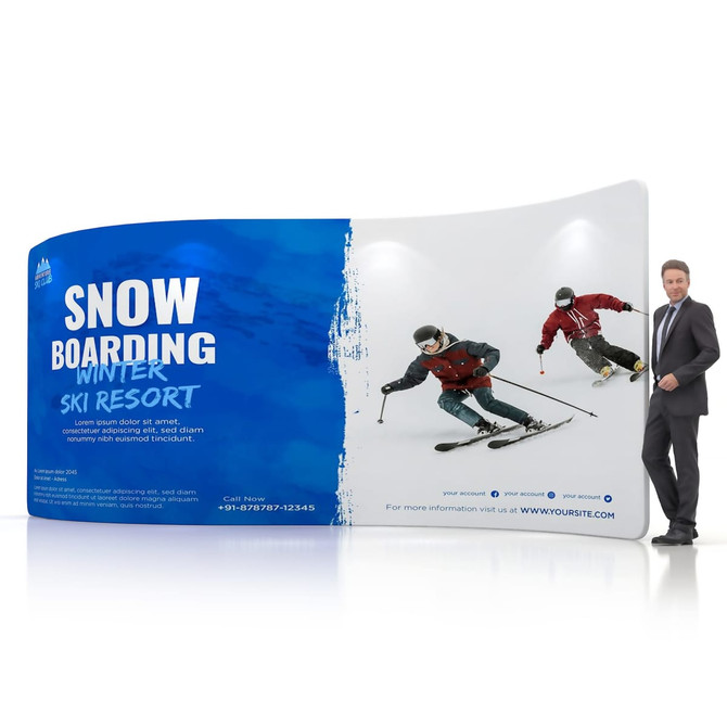 A large, curved S-shaped display wall in blue and white, featuring ski resort imagery and a person standing beside it.