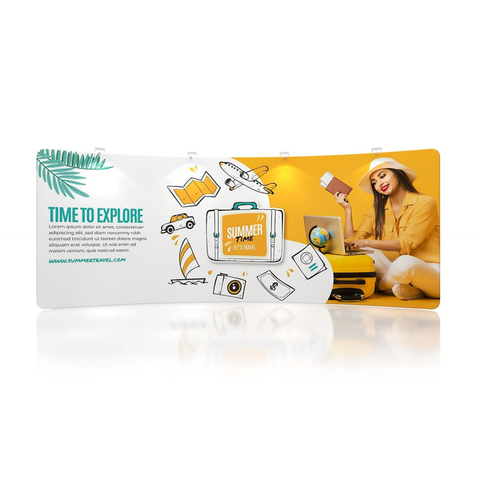 A 6m C-shaped tension fabric display wall featuring a vibrant design with illustrations and a model holding a smartphone.