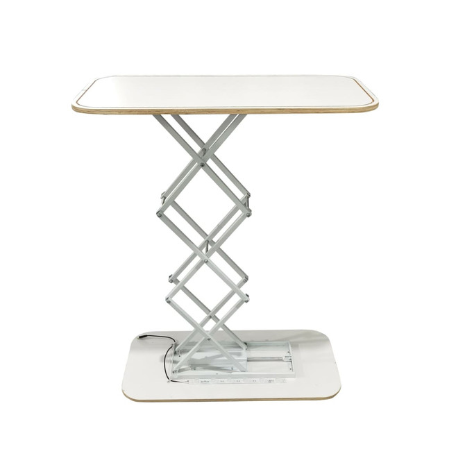 A backlit LED spring-up display in rectangular shape, featuring a white top and a silver scissor mechanism base.