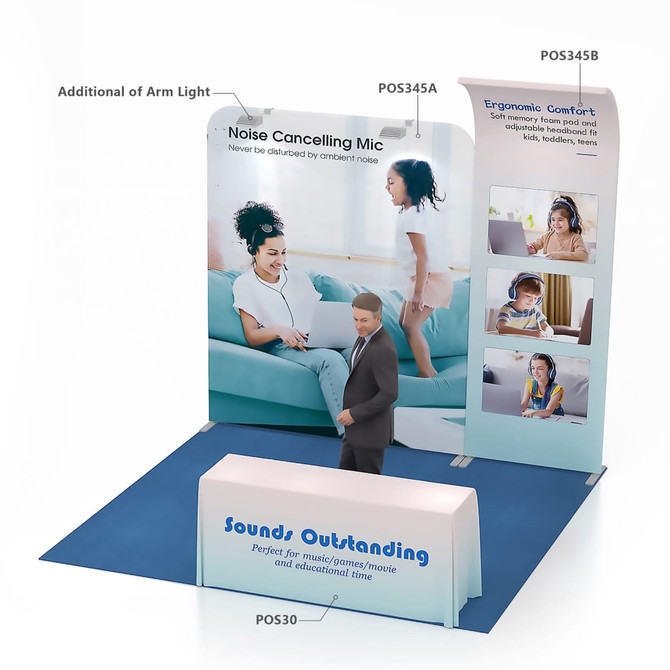 A curved fabric banner stand featuring a blue and light blue design with images of people using a noise cancelling mic.