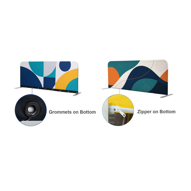 Sidewalk cafe barrier featuring colourful geometric designs with grommets and a zipper at the bottom for stability.