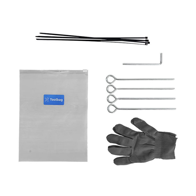 A set of tools including a bag, gloves, metal stakes, a hex key, and zip ties, featuring a logo on the bag.