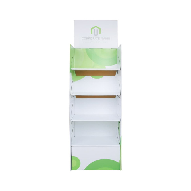 A white cardboard floor display with green accents, featuring four shelves and a header section.