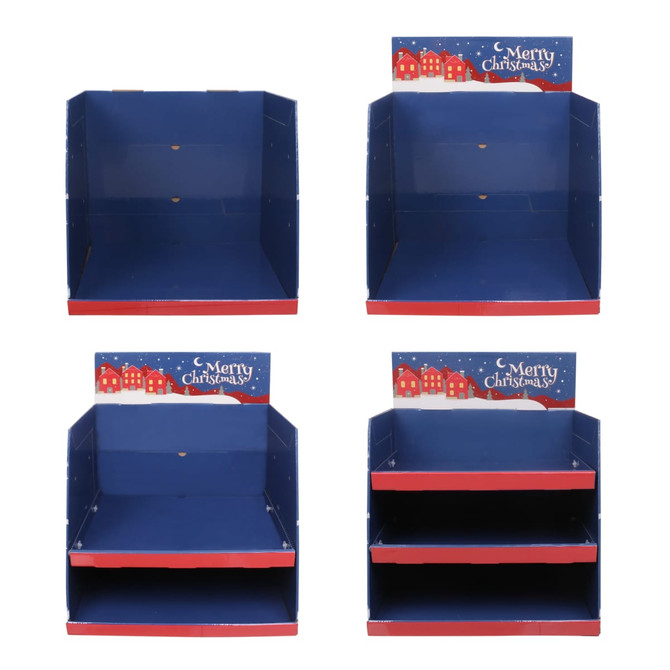 A three-tier counter display in blue with a festive red base, featuring a Christmas-themed design at the top.