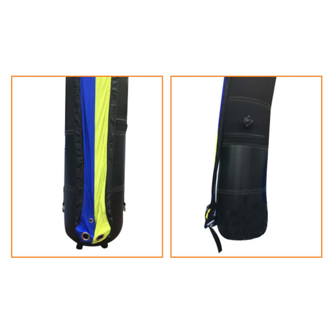 A black and blue inflatable marquee with yellow accents, featuring a valve and securing points.