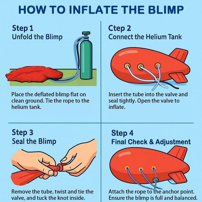 A step-by-step guide for inflating a red inflatable blimp, featuring illustrations for each stage.