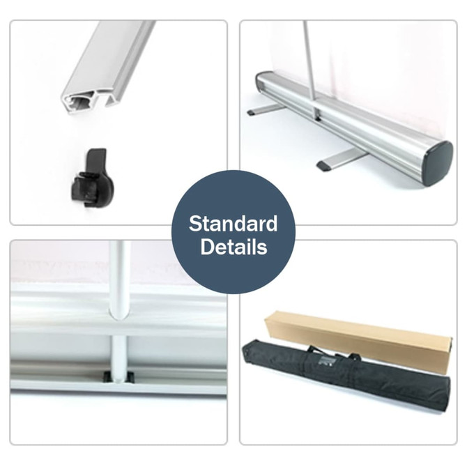 A pull-up banner stand featuring a silver aluminium base, support pole, and a black carrying bag.