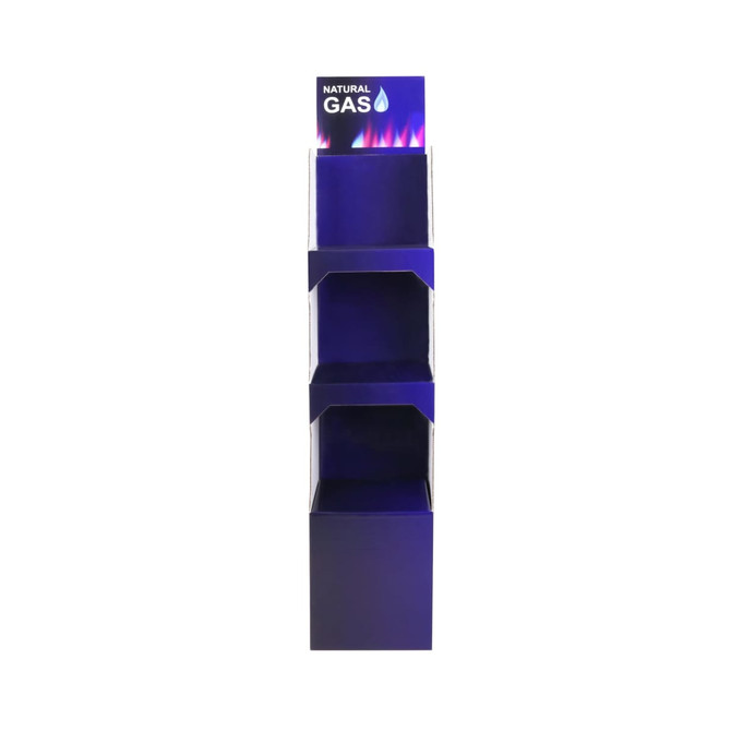 A three-tier cardboard display in navy blue with a logo at the top, designed for promotional use.