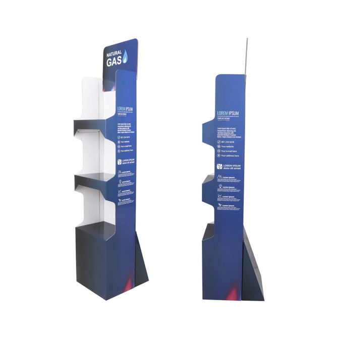 A cardboard floor display featuring three tiers, predominantly in blue with white accents and a logo.