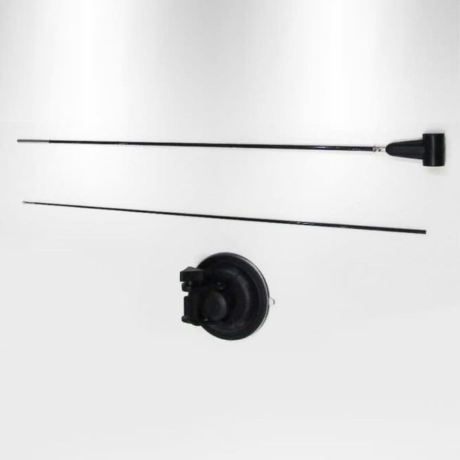 A rectangle suction cup flag in black with flexible rods for attachment. It includes a suction cup for securing.