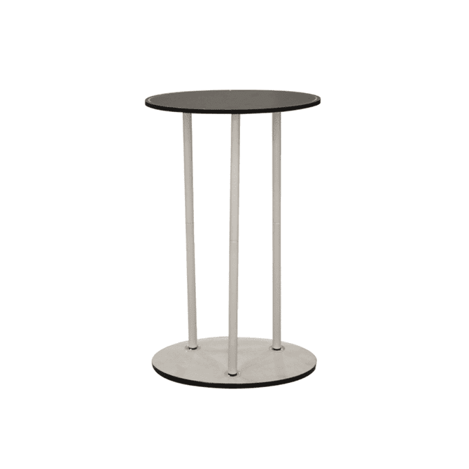 A compact, round table with a black top and silver legs, suitable for exhibitions and events.