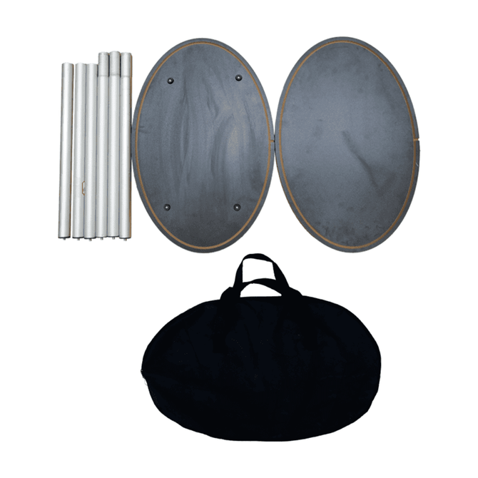 An oval popup booth consisting of two oval panels, silver poles, and a black carrying bag.