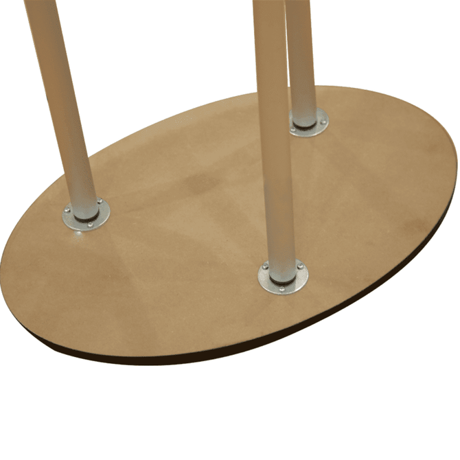 An oval base with light-coloured wood and metal supports, designed for an exhibitor booth setup.