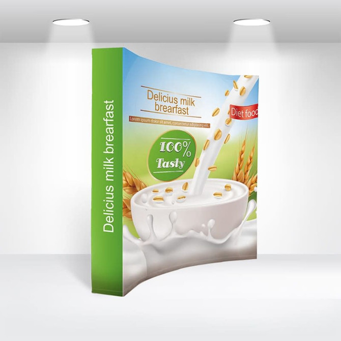Curved fabric popup display featuring a vibrant design with a cup of milk and grains, predominantly green and white.